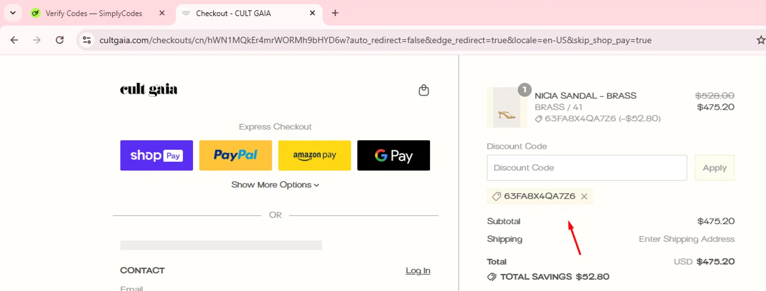 Cult Gaia promo code screenshot showing code 63FA8X4QA7Z6 applied at Cult Gaia checkout page. Uploaded by SimplyCodes community member ManTheWeed on Aug 3, 2025