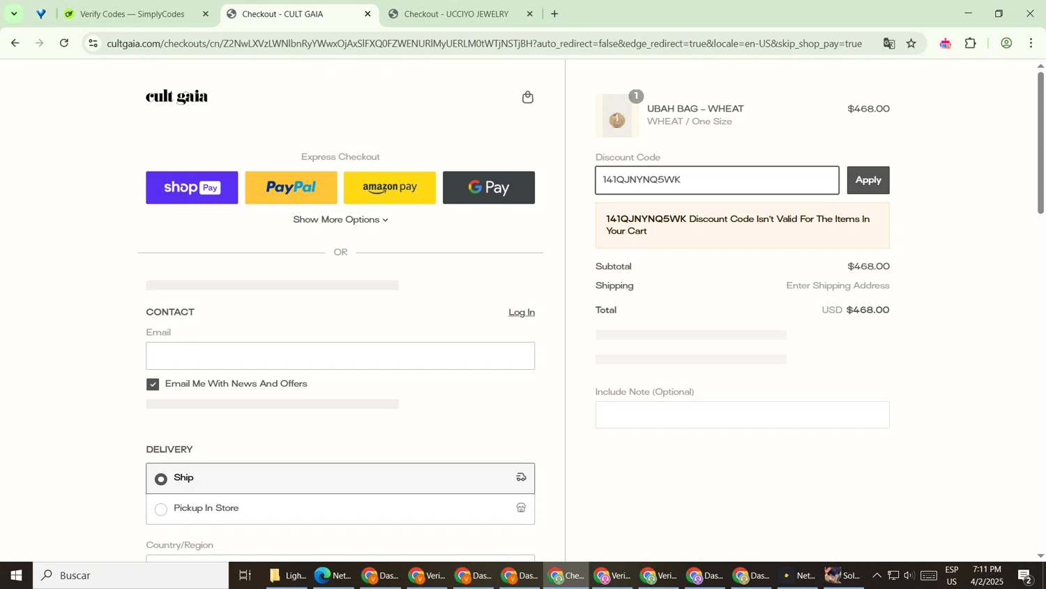 Cult Gaia promo code screenshot showing code 141QJNYNQ5WK applied at Cult Gaia checkout page. Uploaded by SimplyCodes community member VoucherPilot9919 on Apr 2, 2025