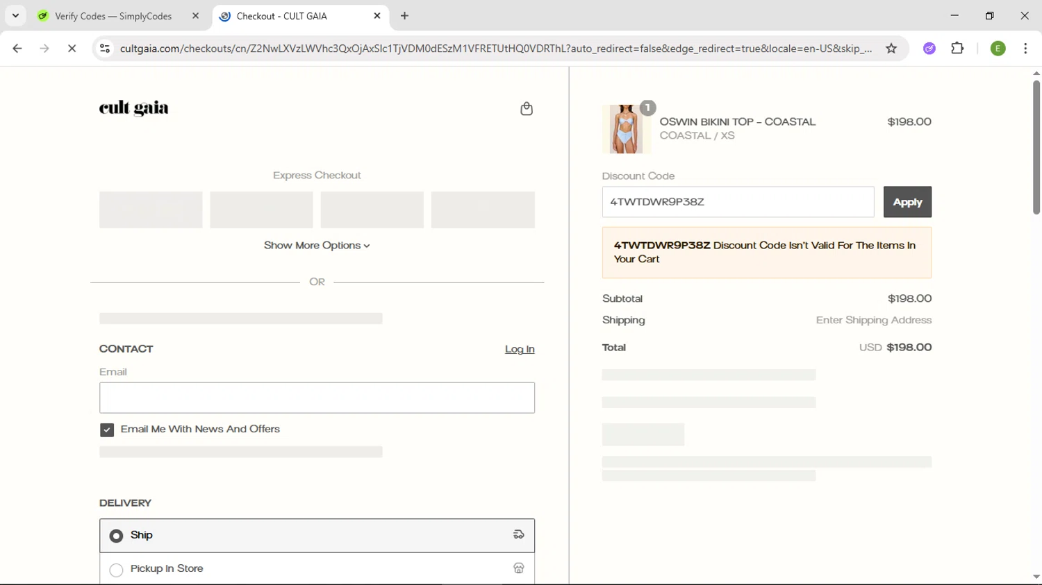Cult Gaia promo code screenshot showing code 4TWTDWR9P38Z applied at Cult Gaia checkout page. Uploaded by SimplyCodes community member SUZUKIV on May 26, 2025