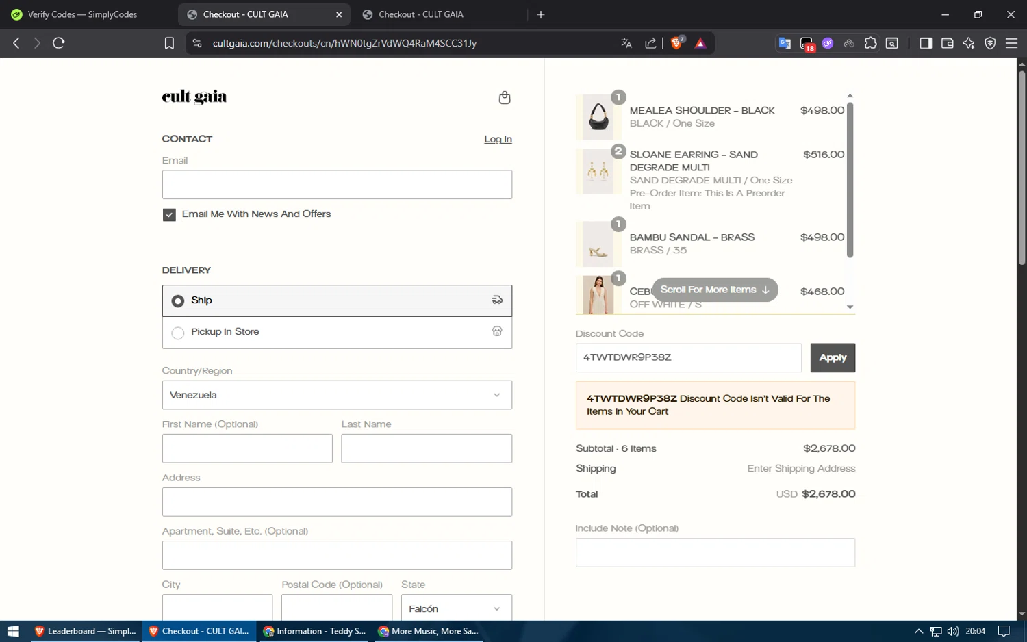 Cult Gaia promo code screenshot showing code 4TWTDWR9P38Z applied at Cult Gaia checkout page. Uploaded by SimplyCodes community member ShieldElite2370 on Jul 22, 2025