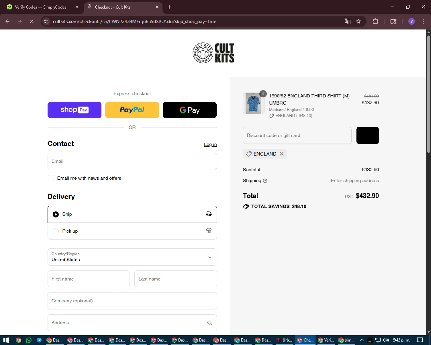Cult Kits discount code screenshot showing code ENGLAND applied at Cult Kits checkout page. Uploaded by SimplyCodes community member LuckyVoyager688 on Aug 20, 2025
