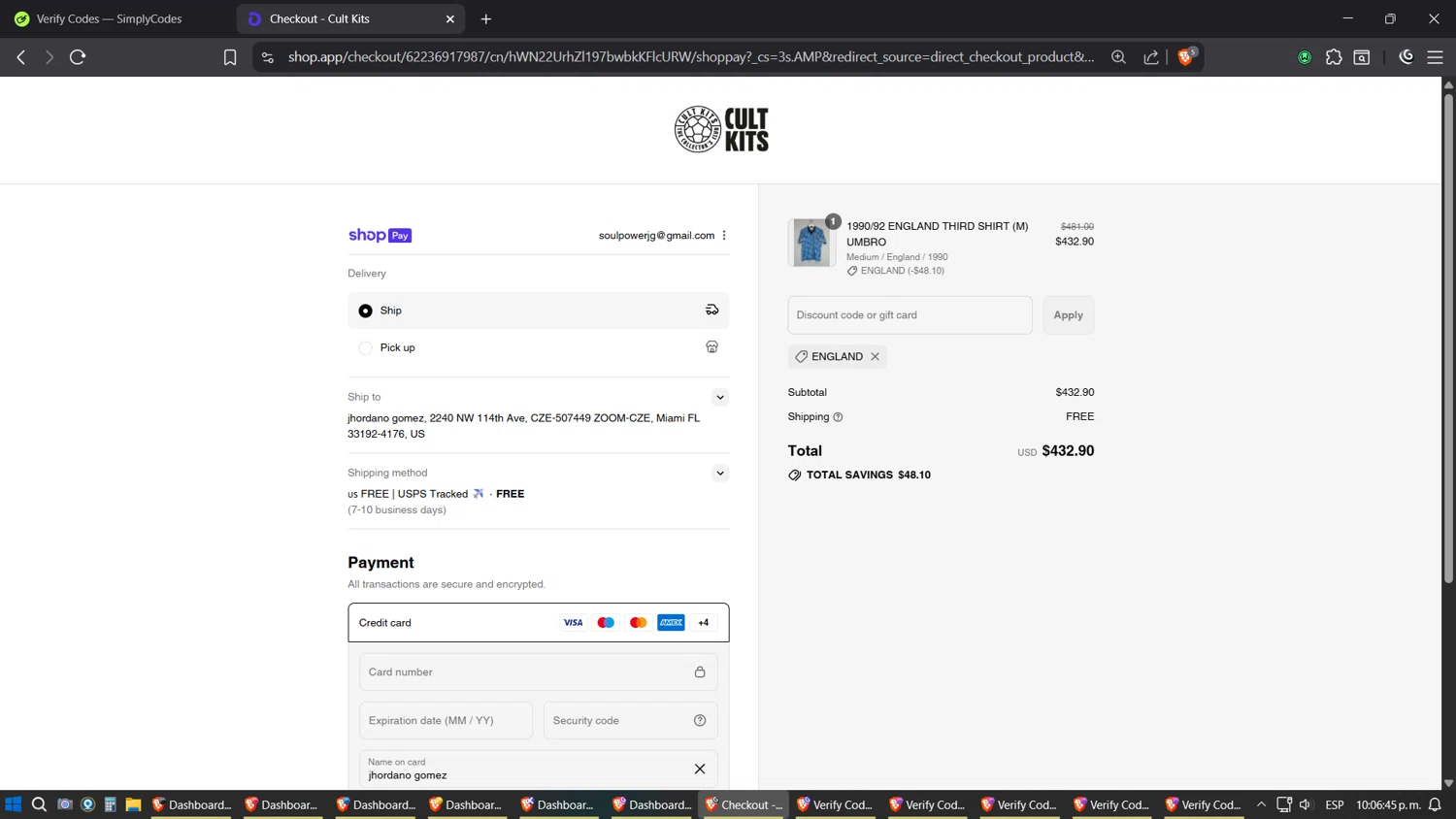 Cult Kits discount code screenshot showing code ENGLAND applied at Cult Kits checkout page. Uploaded by SimplyCodes community member Shizuku on Aug 21, 2025