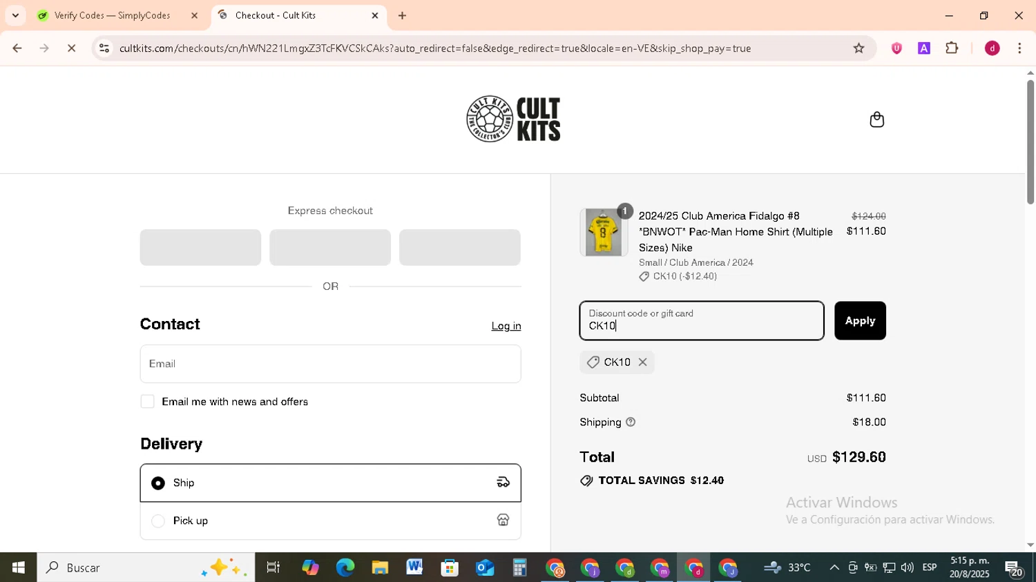 Cult Kits discount code screenshot showing code CK10 applied at Cult Kits checkout page. Uploaded by SimplyCodes community member FrugalMonarch7277 on Aug 20, 2025