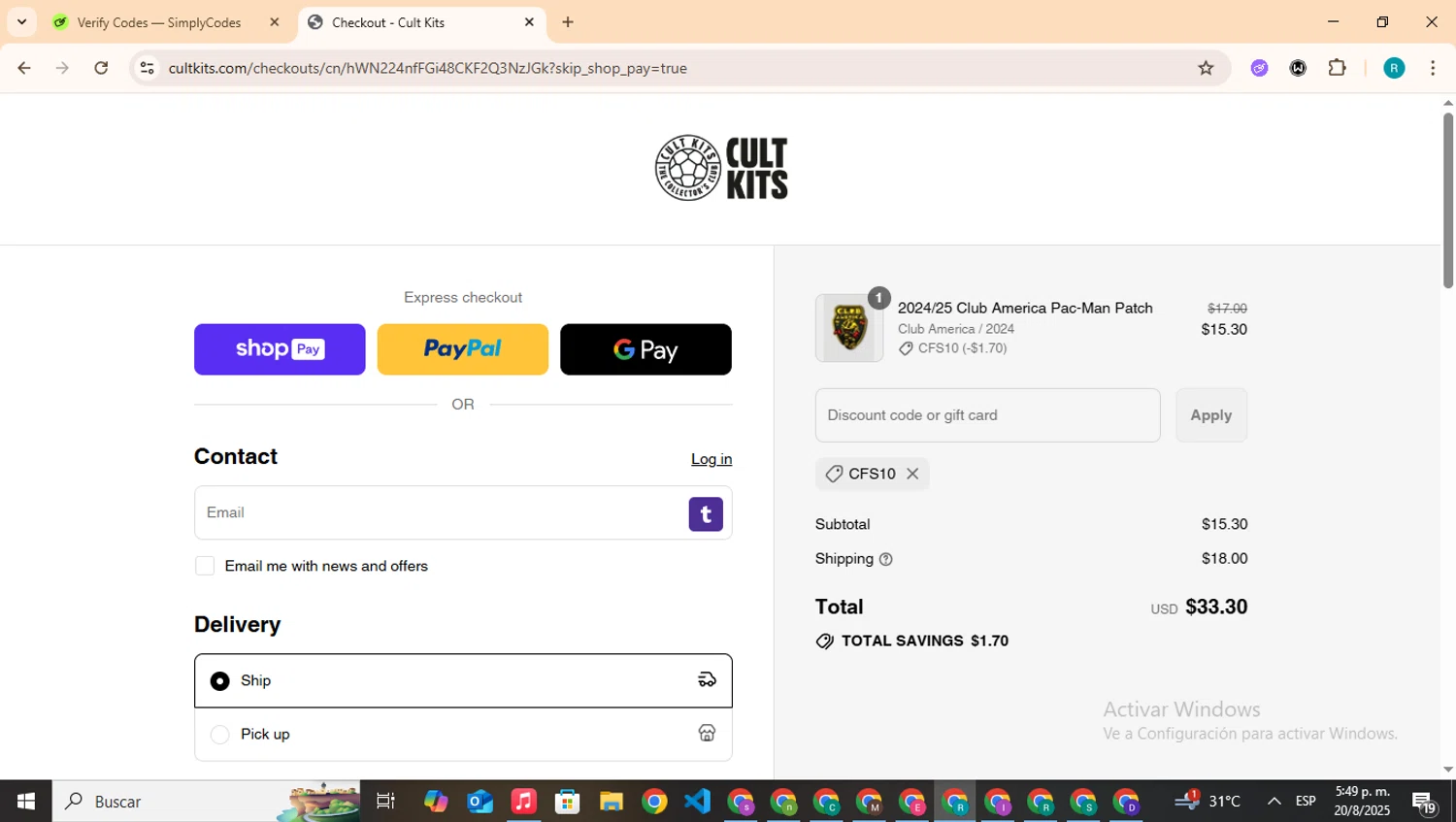 Cult Kits discount code screenshot showing code cfs10 applied at Cult Kits checkout page. Uploaded by SimplyCodes community member BudgetHero4407 on Aug 20, 2025