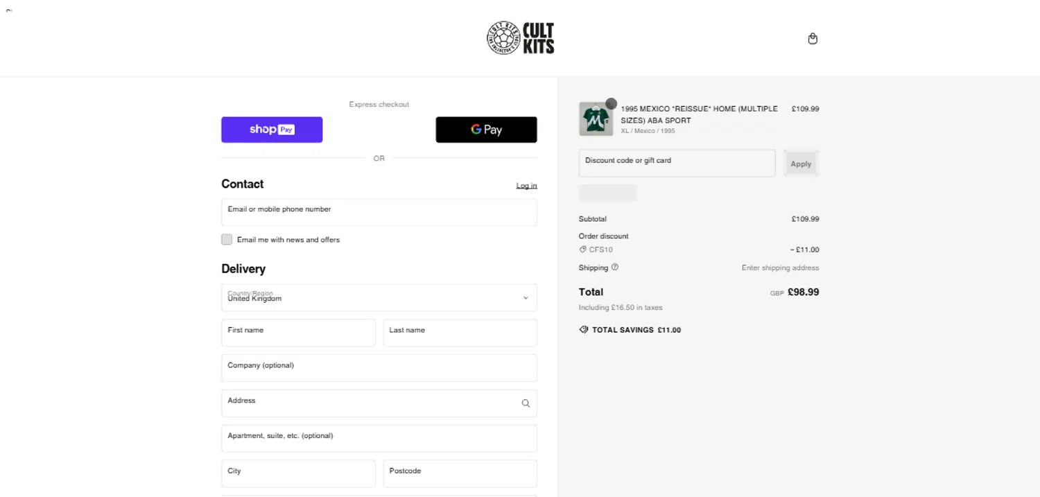 Cult Kits discount code screenshot showing code cfs10 applied at Cult Kits checkout page. Uploaded by SimplyCodes community member BrilliantRanger9984 on Feb 14, 2025
