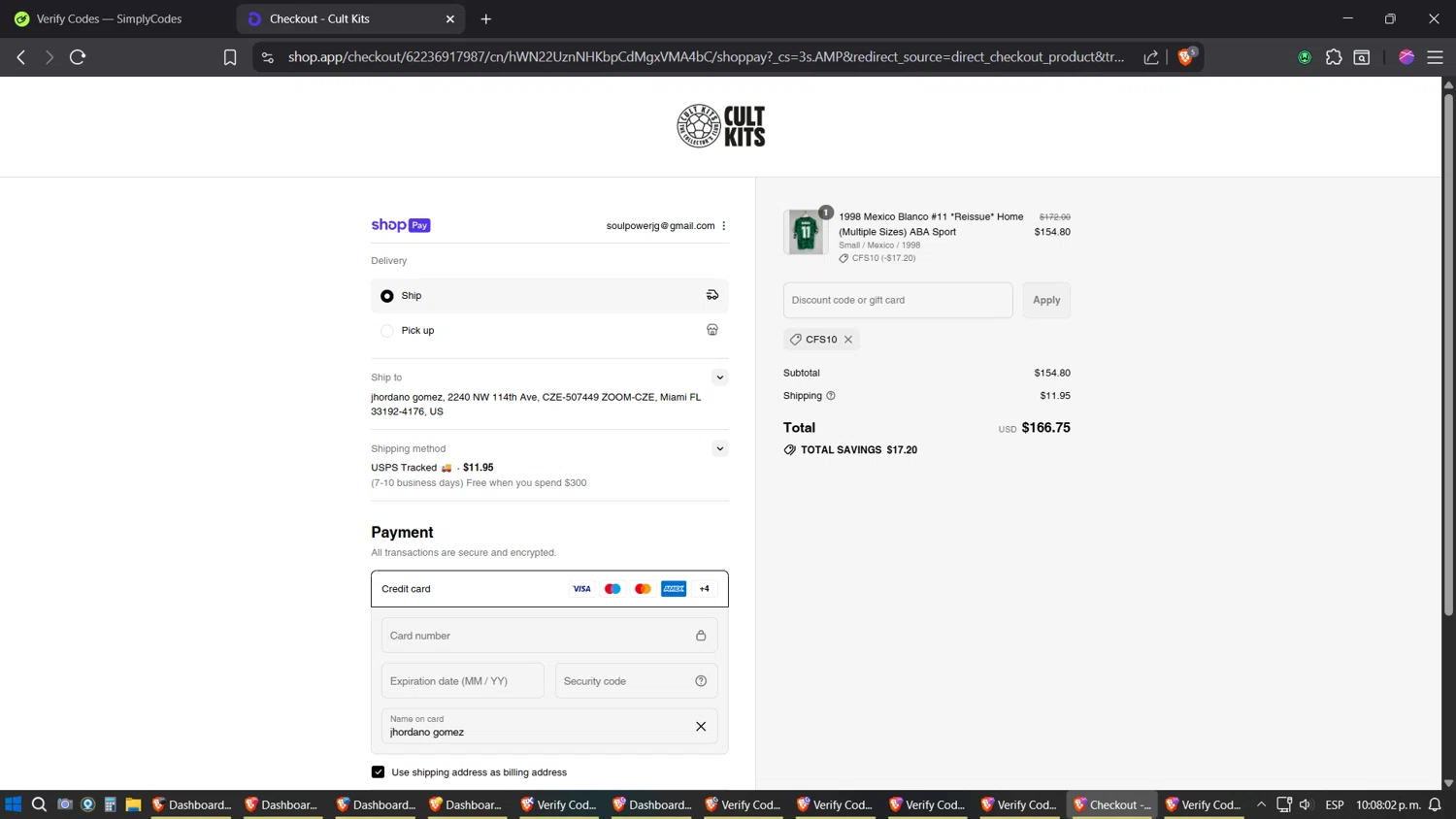 Cult Kits discount code screenshot showing code cfs10 applied at Cult Kits checkout page. Uploaded by SimplyCodes community member Sesshomaru on Aug 21, 2025