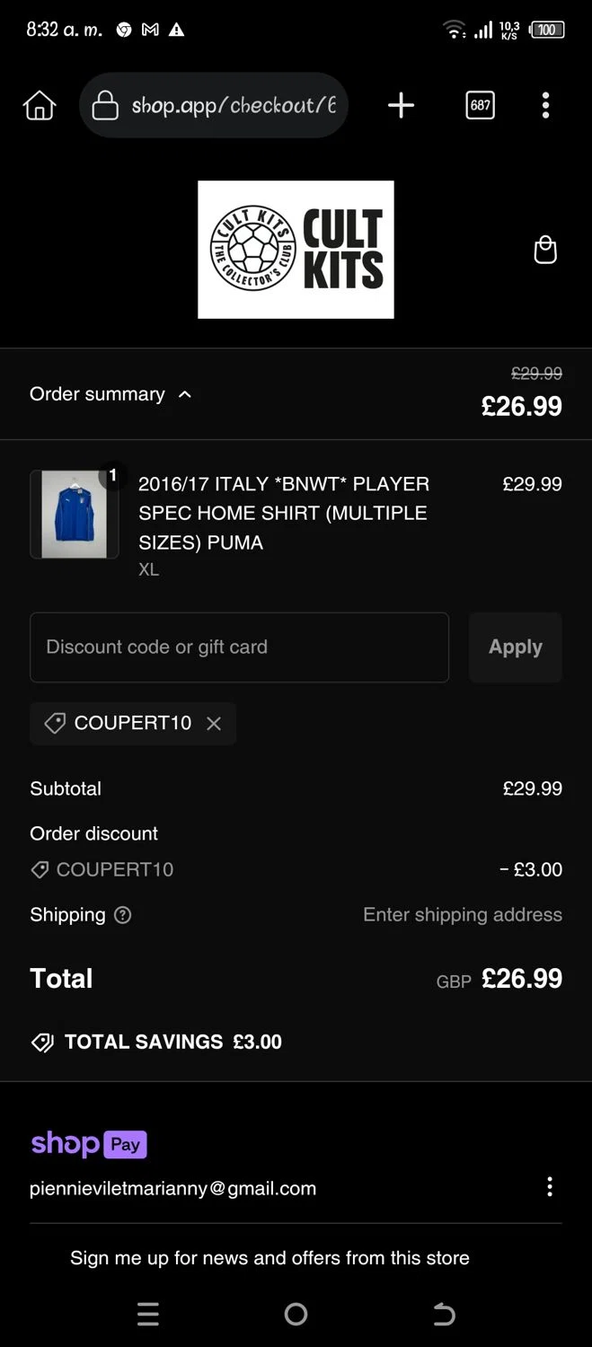 Cult Kits discount code screenshot showing code COUPERT10 applied at Cult Kits checkout page. Uploaded by SimplyCodes community member Pipina11 on Jan 5, 2025