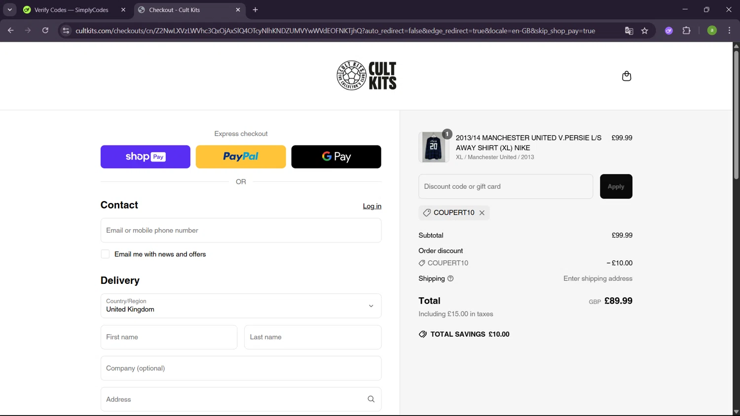 Cult Kits discount code screenshot showing code COUPERT10 applied at Cult Kits checkout page. Uploaded by SimplyCodes community member SavingsHero9122 on May 2, 2025