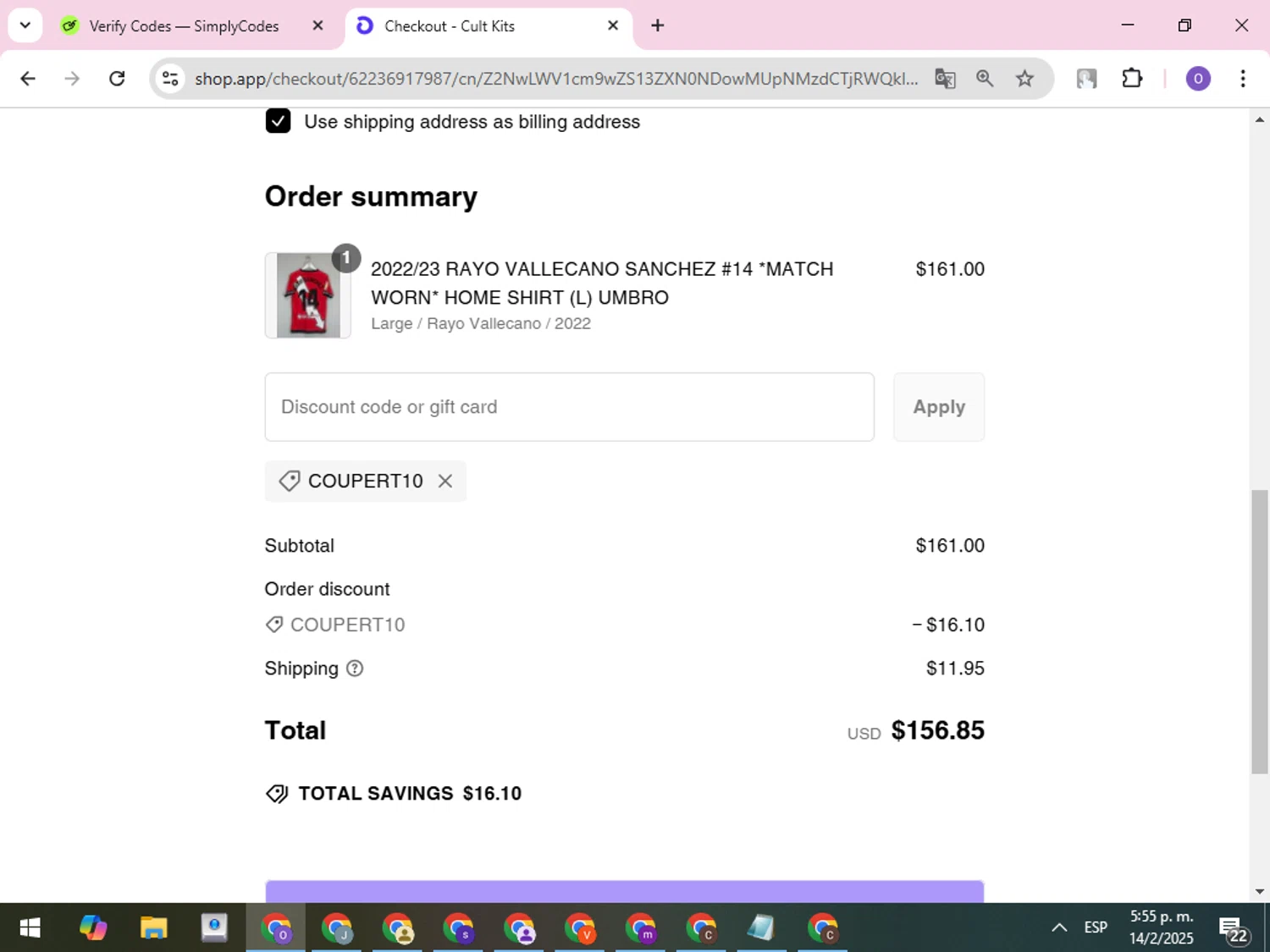 Cult Kits discount code screenshot showing code COUPERT10 applied at Cult Kits checkout page. Uploaded by SimplyCodes community member CleverLynx8245 on Feb 14, 2025