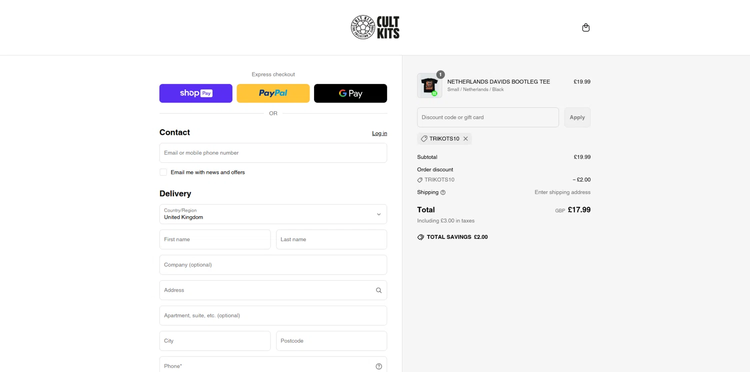 Cult Kits discount code screenshot showing code TRIKOTS10 applied at Cult Kits checkout page. Uploaded by SimplyCodes community member Dorothy on May 9, 2025