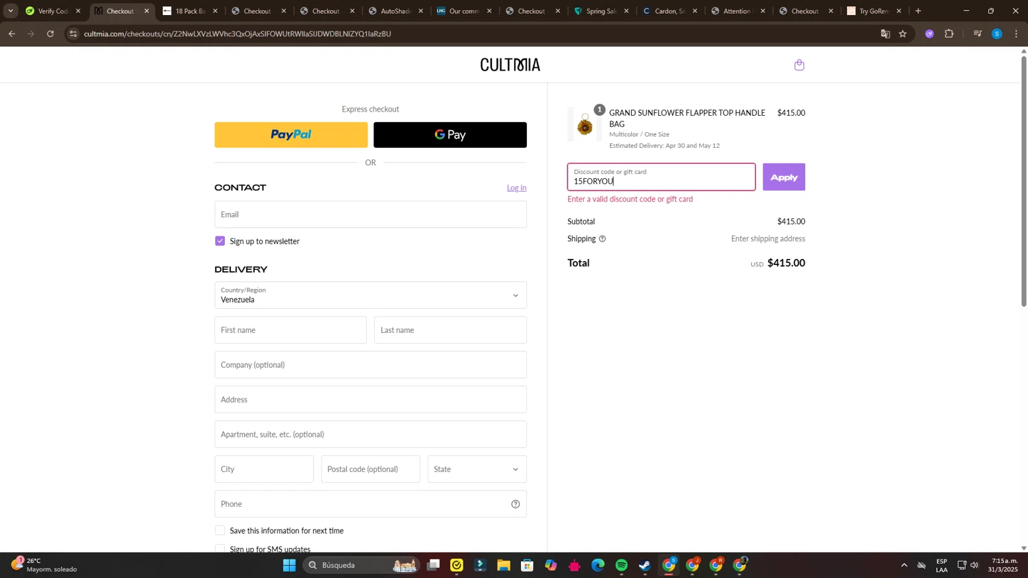 CULT MIA promo code screenshot showing code 15FORYOU applied at CULT MIA checkout page. Uploaded by SimplyCodes community member SalvadorC1 on Mar 31, 2025