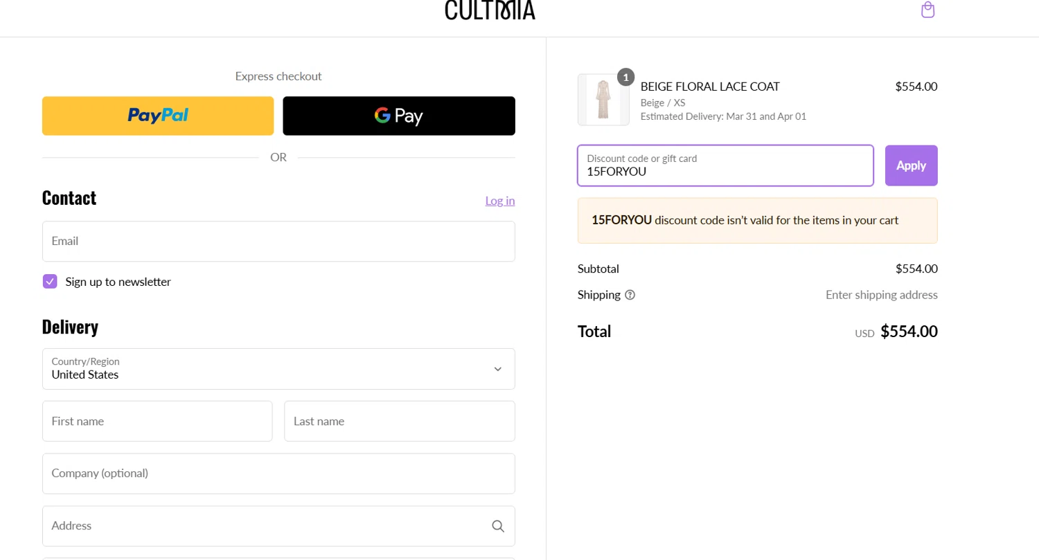 CULT MIA promo code screenshot showing code 15FORYOU applied at CULT MIA checkout page. Uploaded by SimplyCodes community member EpicTiger3556 on Mar 2, 2025