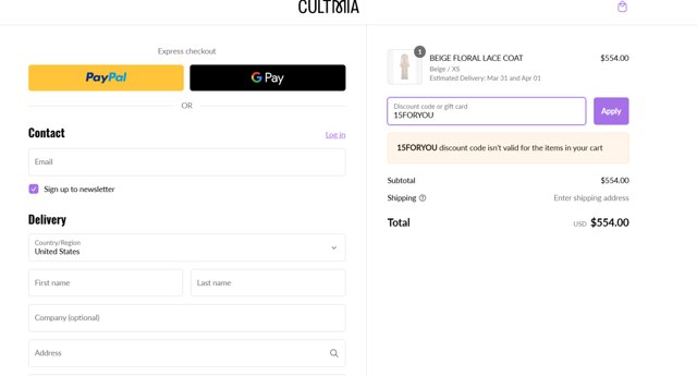 CULT MIA checkout page showing CULT MIA promo code box | Screenshot taken by SimplyCodes community member on Mar 2, 2025