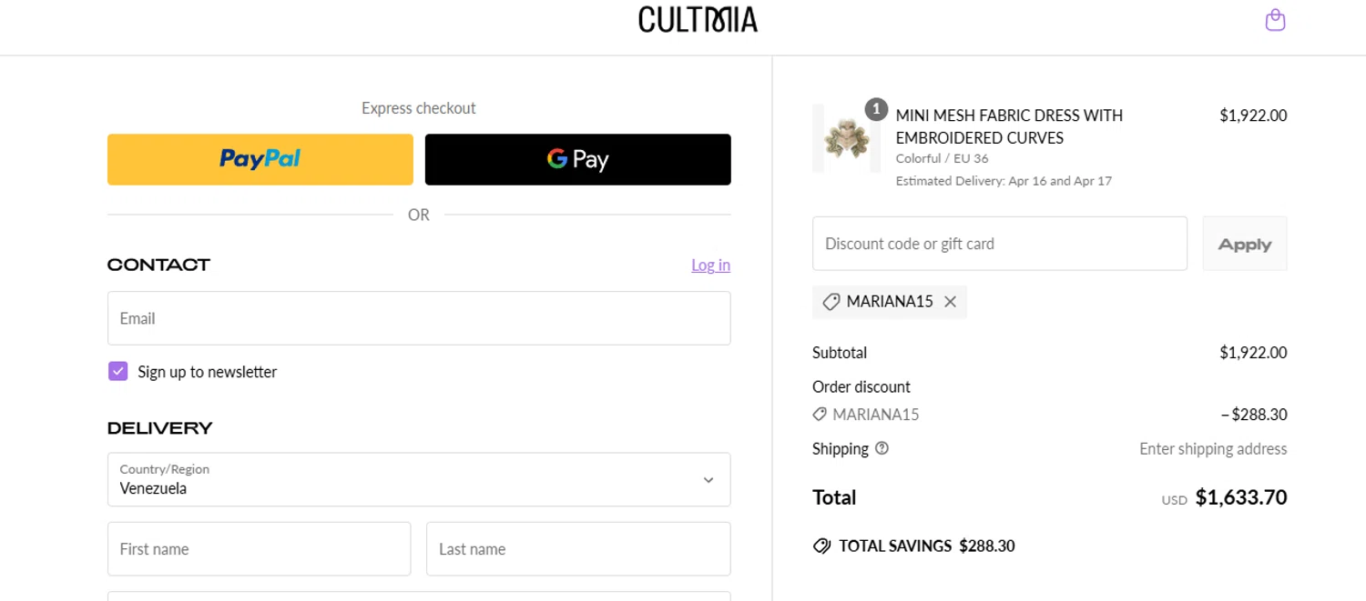 CULT MIA promo code screenshot showing code MARIANA15 applied at CULT MIA checkout page. Uploaded by SimplyCodes community member WoskalJR on Mar 31, 2025