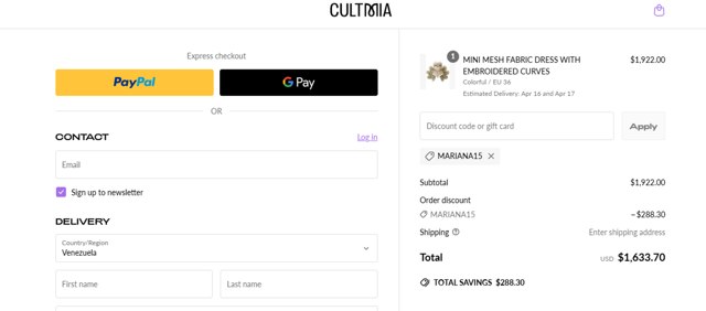 CULT MIA checkout page showing CULT MIA promo code box | Screenshot taken by SimplyCodes community member on Mar 31, 2025