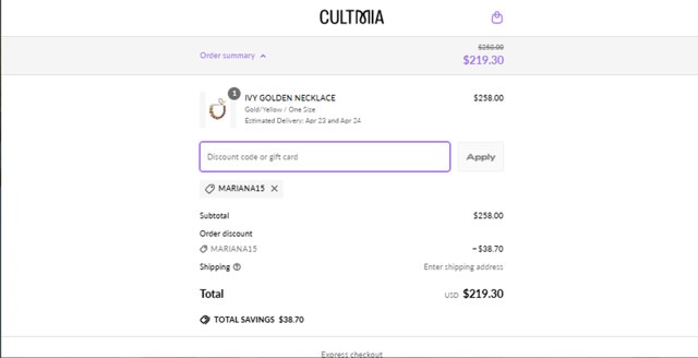 CULT MIA checkout page showing CULT MIA promo code box | Screenshot taken by SimplyCodes community member on Apr 5, 2025