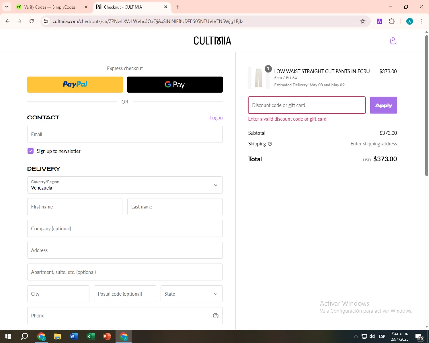 CULT MIA promo code screenshot showing code AMY15 applied at CULT MIA checkout page. Uploaded by SimplyCodes community member FortunateSentinel9389 on Apr 23, 2025