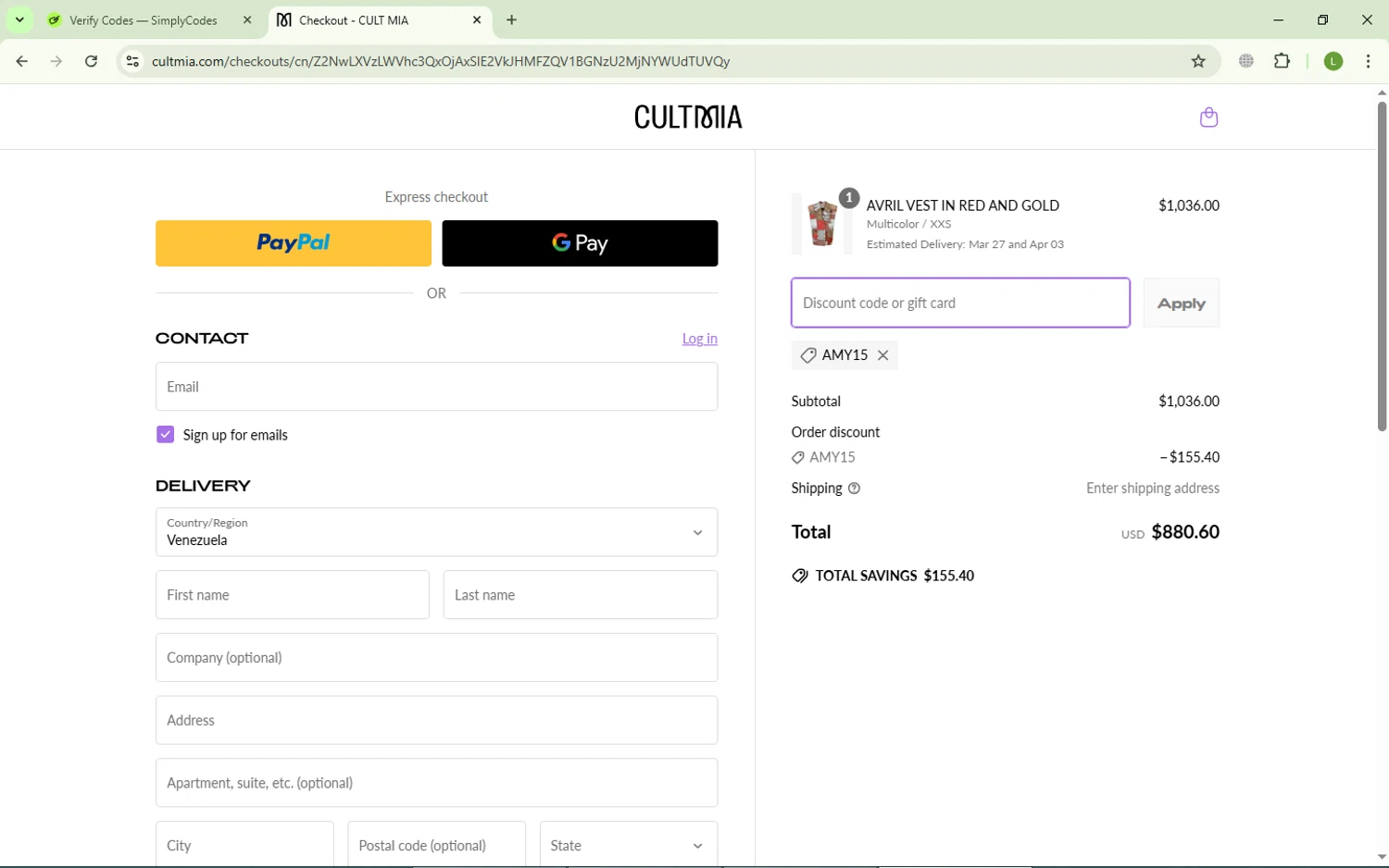 CULT MIA promo code screenshot showing code AMY15 applied at CULT MIA checkout page. Uploaded by SimplyCodes community member VoucherGenius8367 on Mar 25, 2025