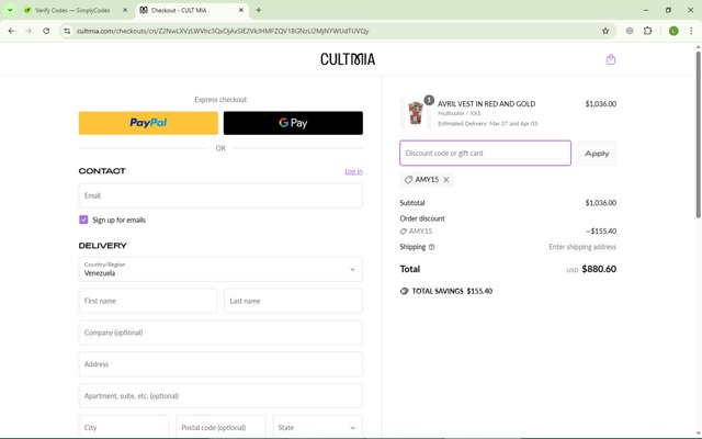 CULT MIA checkout page showing CULT MIA promo code box | Screenshot taken by SimplyCodes community member on Mar 25, 2025