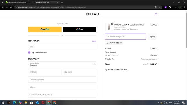 CULT MIA checkout page showing CULT MIA promo code box | Screenshot taken by SimplyCodes community member on Mar 31, 2025