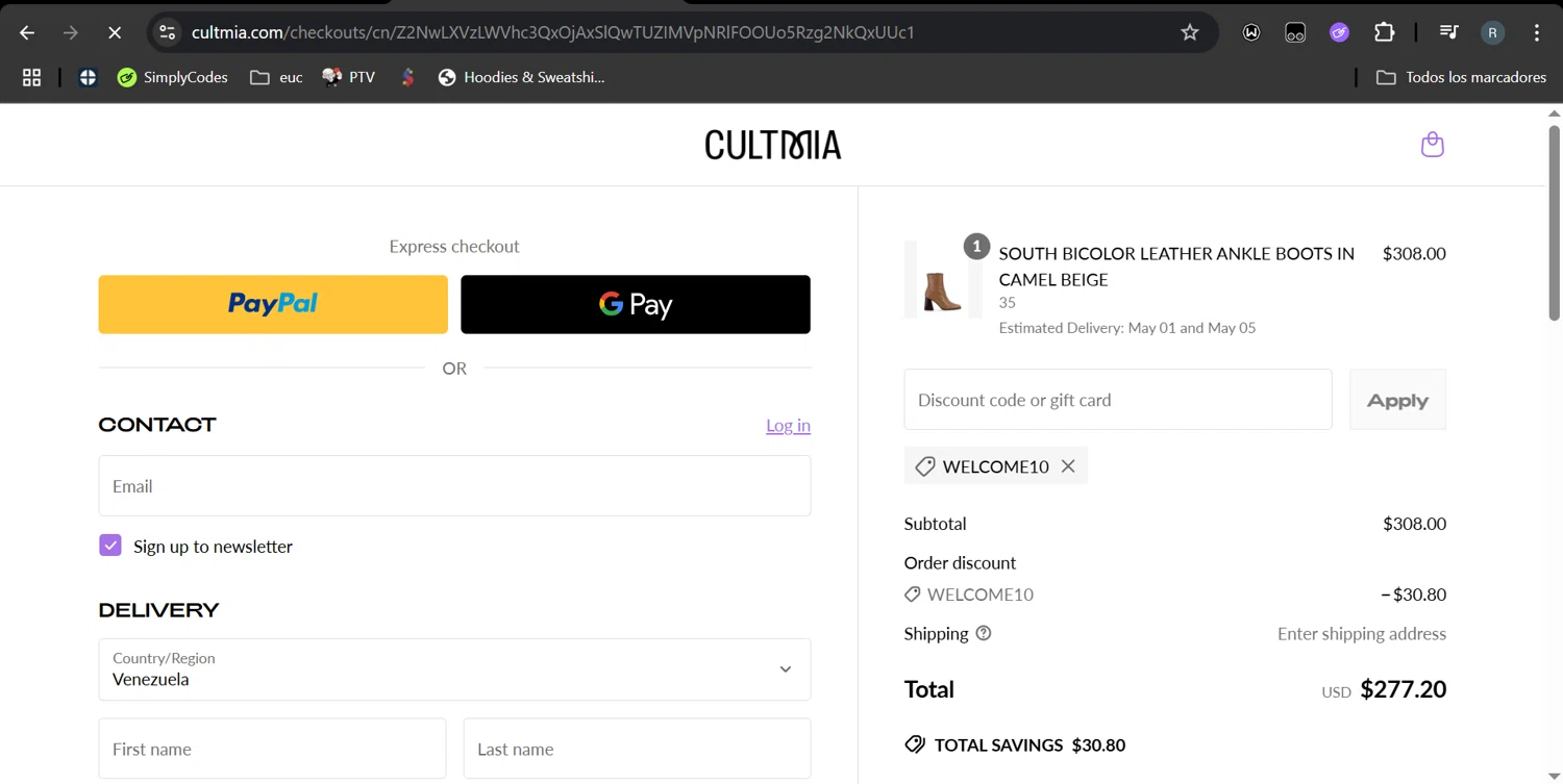 CULT MIA promo code screenshot showing code WELCOME10 applied at CULT MIA checkout page. Uploaded by SimplyCodes community member MarcoReus on Apr 29, 2025