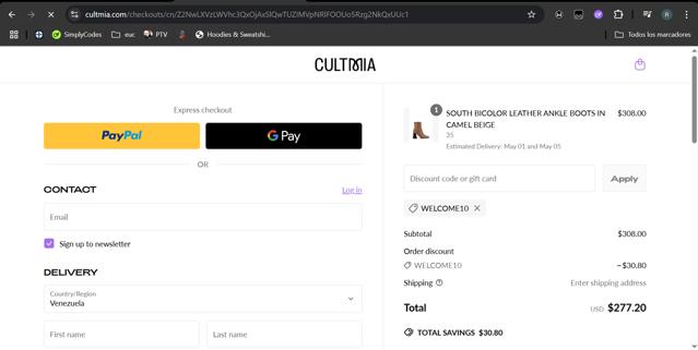 CULT MIA checkout page showing CULT MIA promo code box | Screenshot taken by SimplyCodes community member on Apr 29, 2025