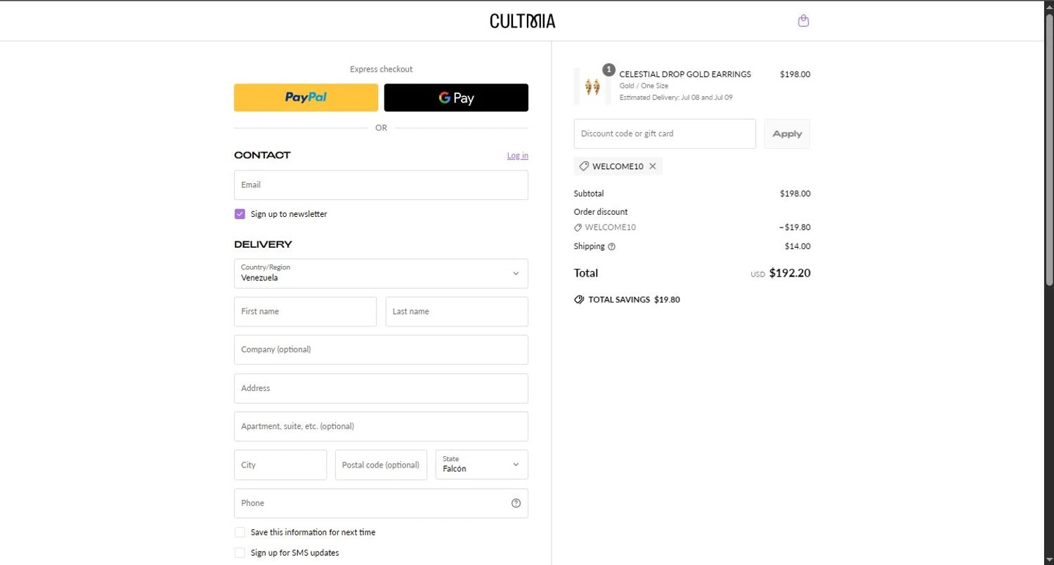 CULT MIA promo code screenshot showing code WELCOME10 applied at CULT MIA checkout page. Uploaded by SimplyCodes community member PennyScholar167 on Jun 24, 2025