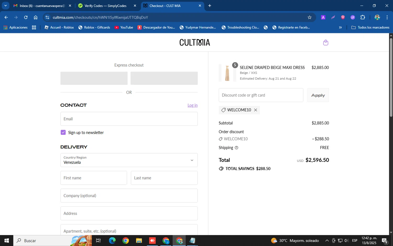 CULT MIA promo code screenshot showing code WELCOME10 applied at CULT MIA checkout page. Uploaded by SimplyCodes community member XemoGOD on Aug 13, 2025
