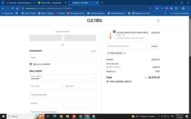 CULT MIA checkout page showing CULT MIA promo code box | Screenshot taken by SimplyCodes community member on Aug 13, 2025