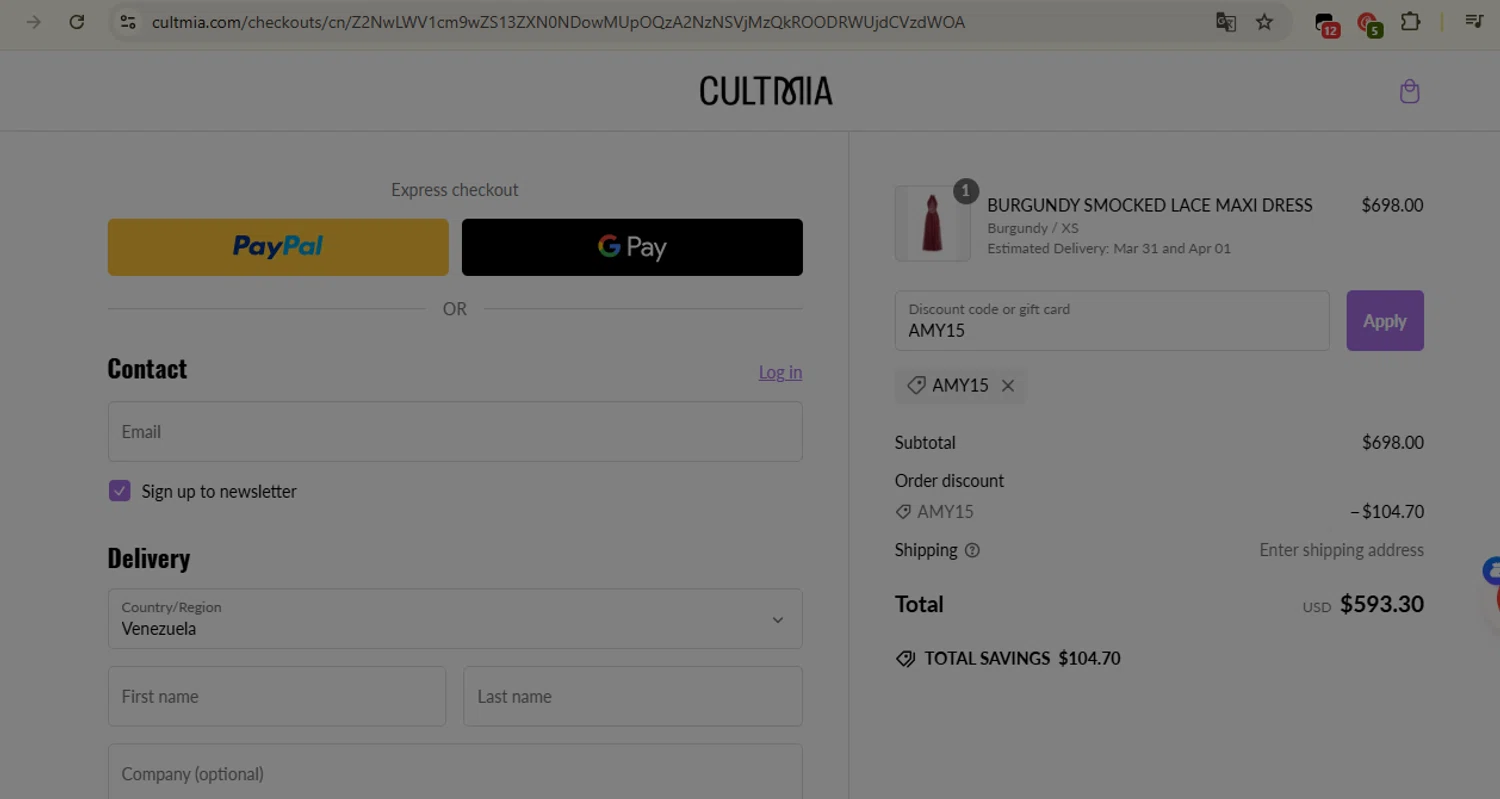 CULT MIA promo code screenshot showing code AMY15 applied at CULT MIA checkout page. Uploaded by SimplyCodes community member SaleCaptain2295 on Mar 2, 2025