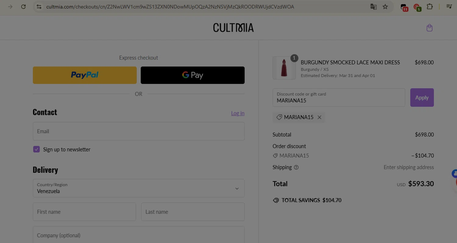 CULT MIA promo code screenshot showing code MARIANA15 applied at CULT MIA checkout page. Uploaded by SimplyCodes community member SaleCaptain2295 on Mar 2, 2025