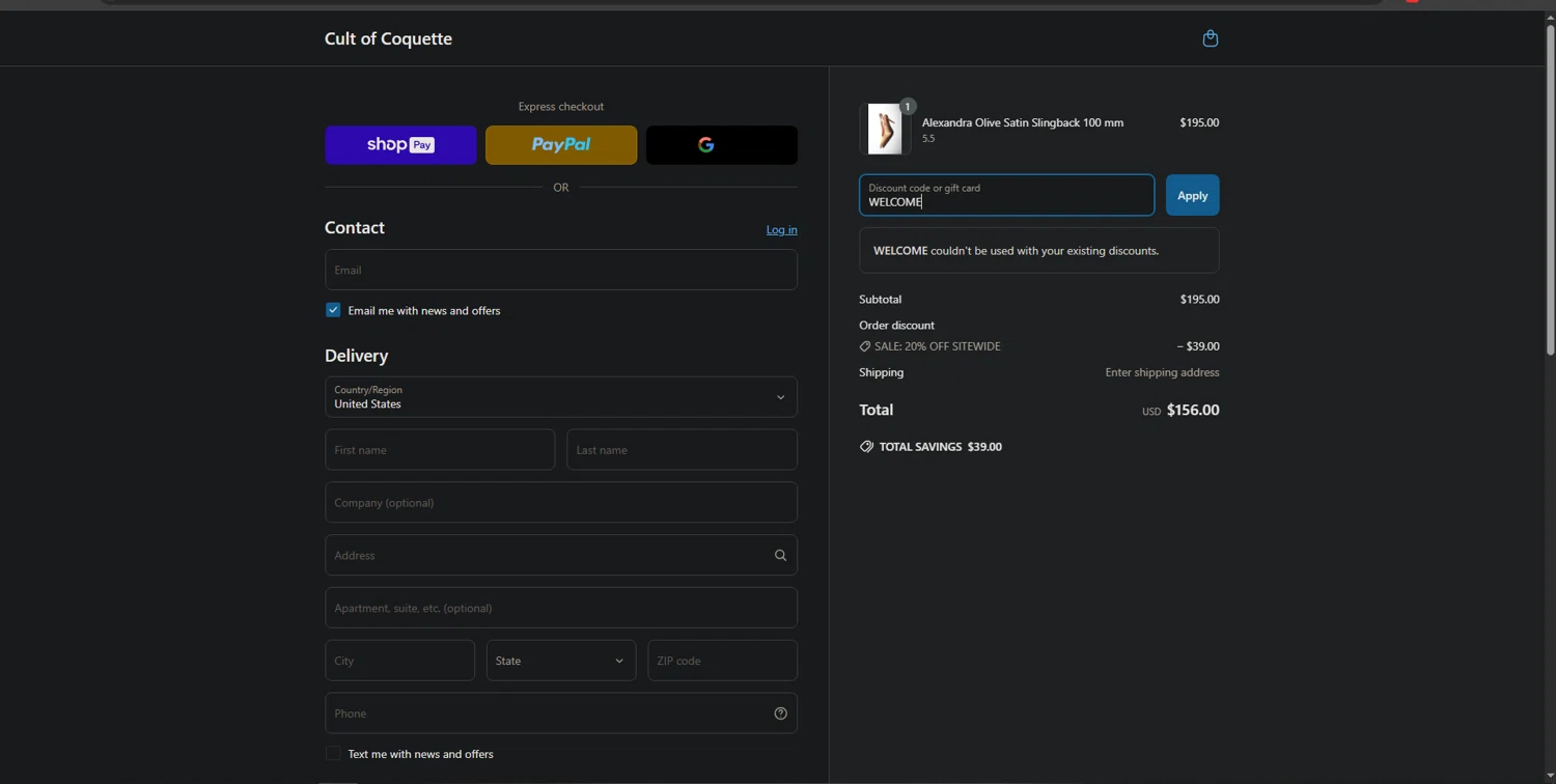 Cult of Coquette discount code screenshot showing code WELCOME applied at Cult of Coquette checkout page. Uploaded by SimplyCodes community member ValiantPro374 on Apr 10, 2025