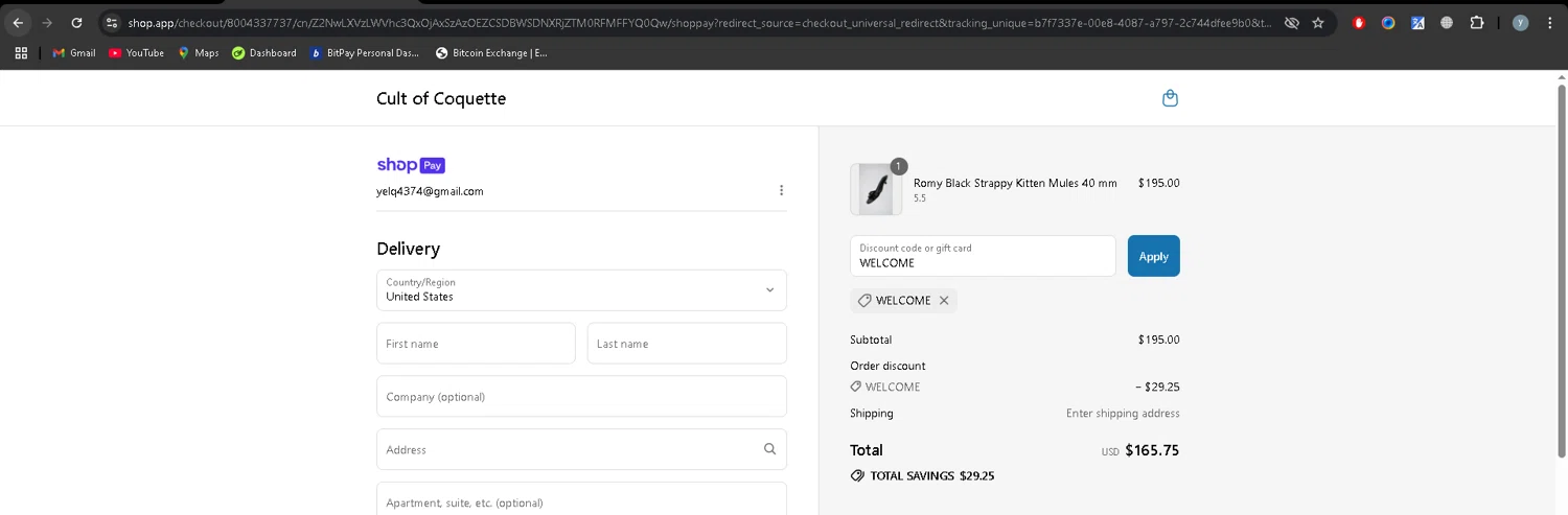 Cult of Coquette discount code screenshot showing code WELCOME applied at Cult of Coquette checkout page. Uploaded by SimplyCodes community member YJMQ95 on Jul 14, 2025
