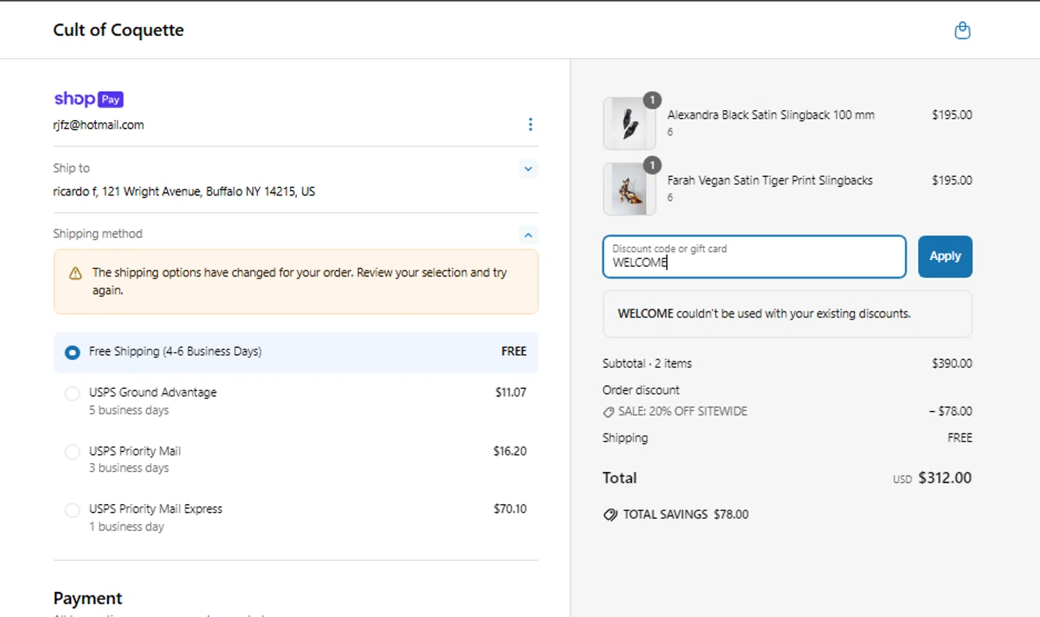 Cult of Coquette discount code screenshot showing code WELCOME applied at Cult of Coquette checkout page. Uploaded by SimplyCodes community member ShieldTitan9442 on Apr 10, 2025