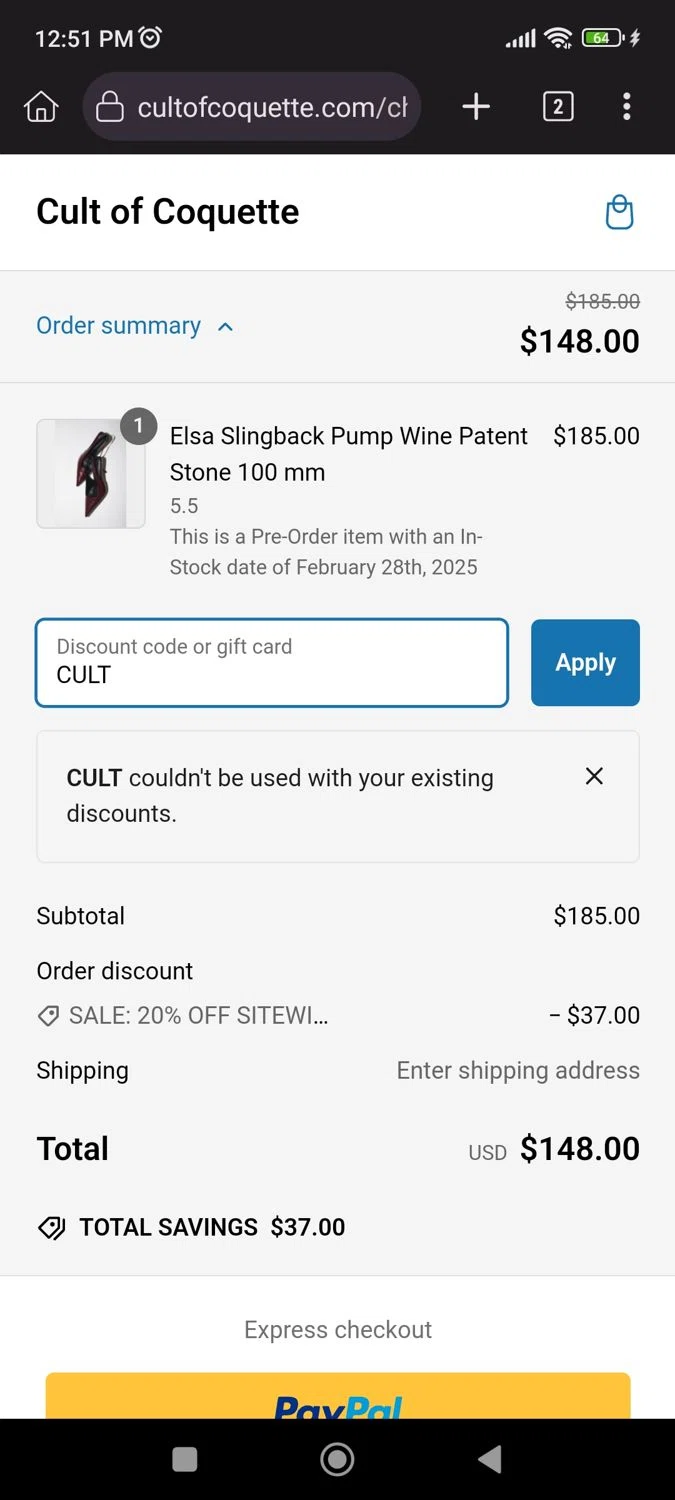 Cult of Coquette discount code screenshot showing code CULT applied at Cult of Coquette checkout page. Uploaded by SimplyCodes community member CrownLion2750 on Jan 22, 2025