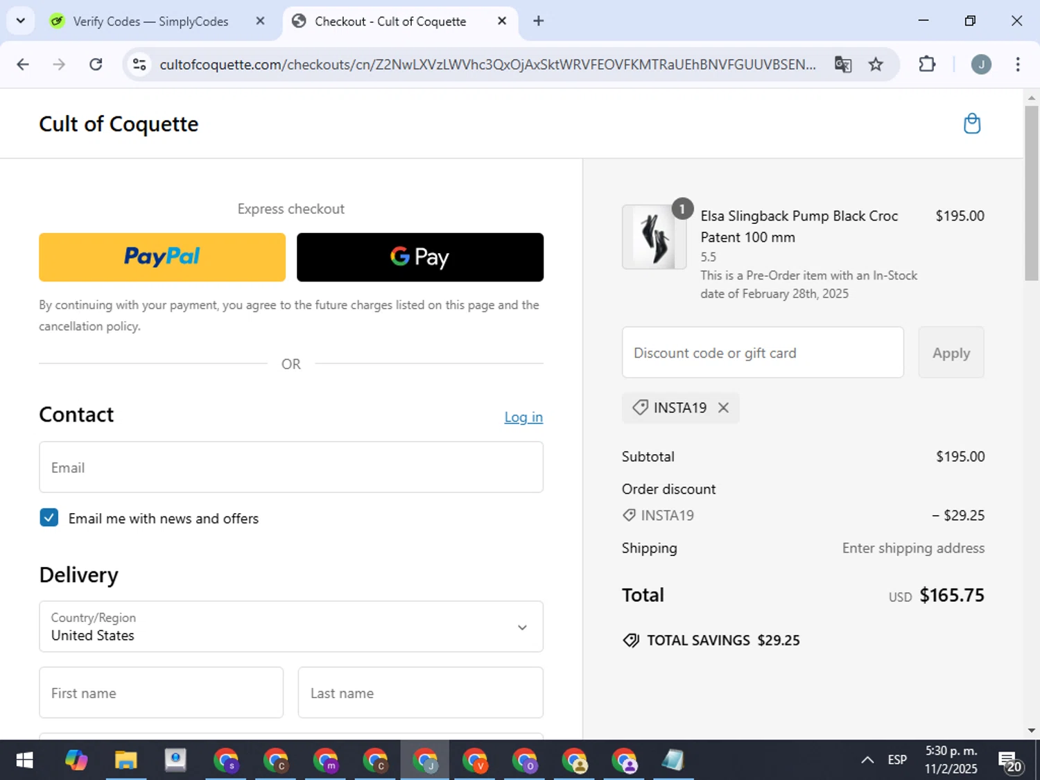 Cult of Coquette discount code screenshot showing code INSTA19 applied at Cult of Coquette checkout page. Uploaded by SimplyCodes community member ValueTracker8384 on Feb 11, 2025