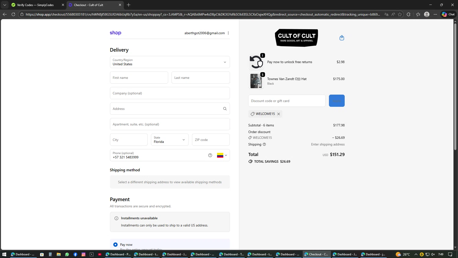 Cult of Cult discount code screenshot showing code WELCOME15 applied at Cult of Cult checkout page. Uploaded by SimplyCodes community member SAKURA on Feb 13, 2026