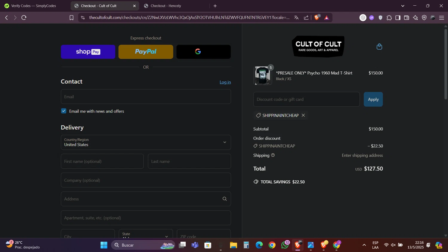 Cult of Cult discount code screenshot showing code SHIPPINAINTCHEAP applied at Cult of Cult checkout page. Uploaded by SimplyCodes community member Caraxes on May 14, 2025