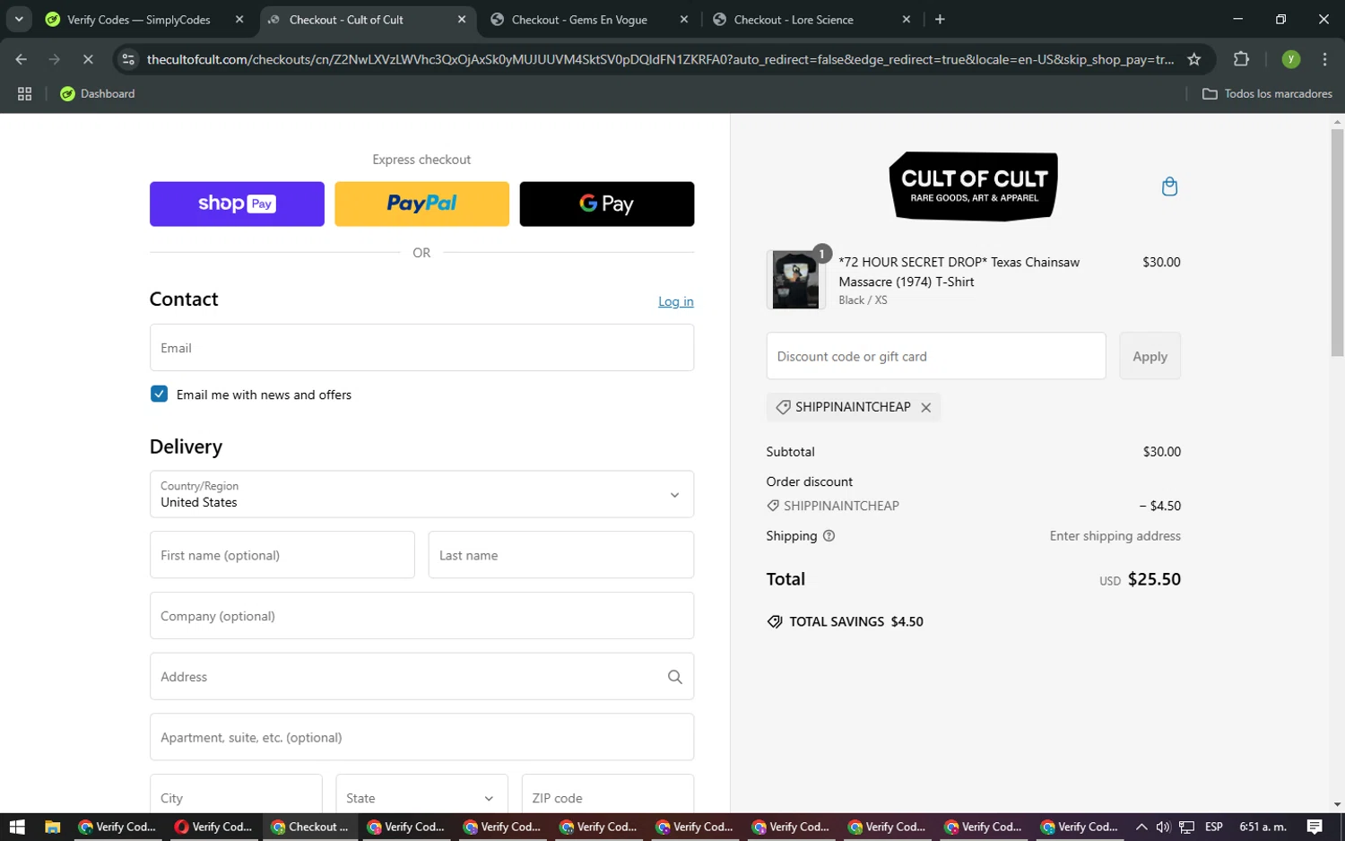 Cult of Cult discount code screenshot showing code SHIPPINAINTCHEAP applied at Cult of Cult checkout page. Uploaded by SimplyCodes community member NobleMaestro676 on Feb 14, 2025
