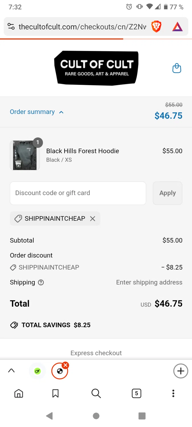 Cult of Cult discount code screenshot showing code SHIPPINAINTCHEAP applied at Cult of Cult checkout page. Uploaded by SimplyCodes community member victor on Mar 27, 2025