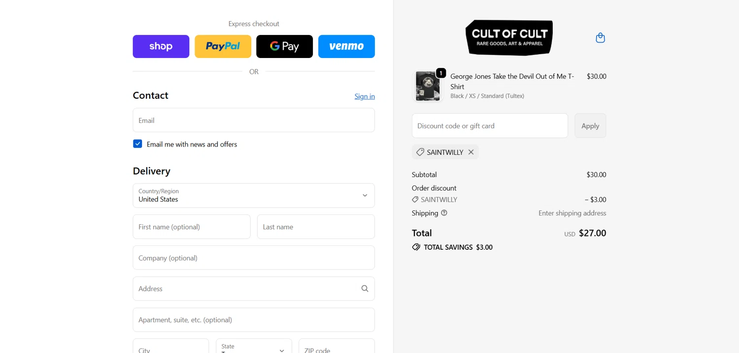 Cult of Cult discount code screenshot showing code SAINTWILLY applied at Cult of Cult checkout page. Uploaded by SimplyCodes community member Dorothy on Oct 13, 2025