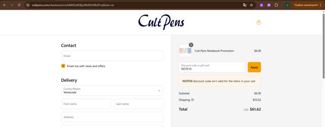 Cult Pens checkout page showing Cult Pens discount code box | Screenshot taken by SimplyCodes community member on Sep 12, 2025