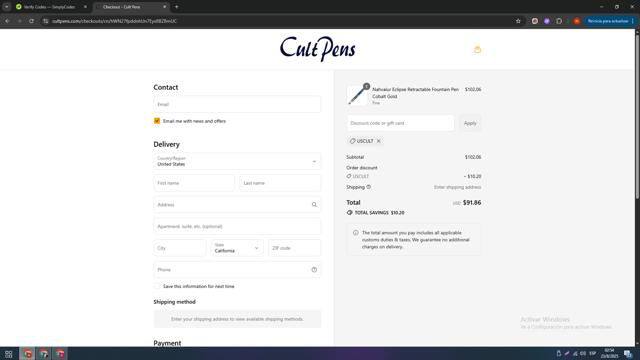 Cult Pens checkout page showing Cult Pens discount code box | Screenshot taken by SimplyCodes community member on Aug 23, 2025
