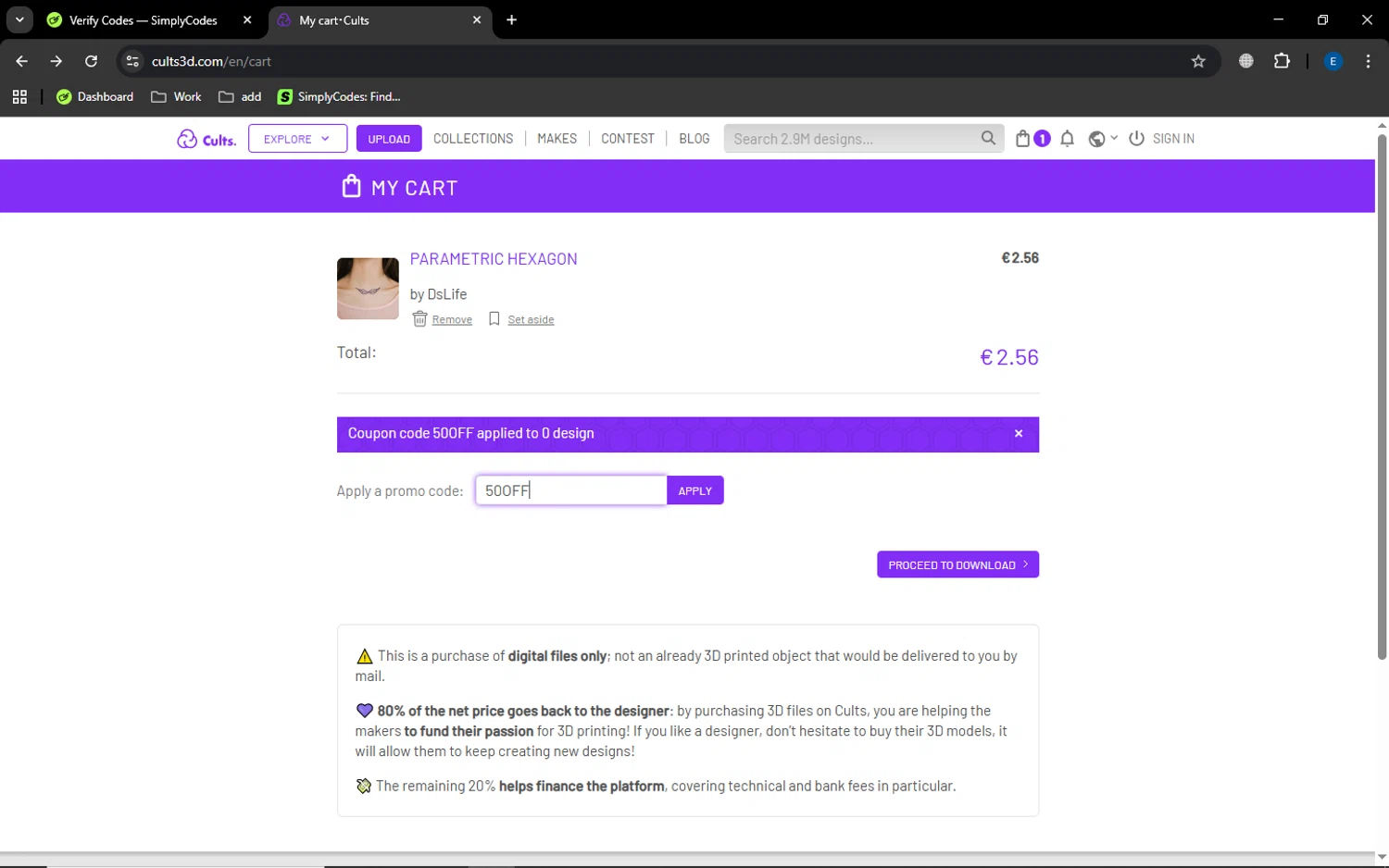 Cults promo code screenshot showing code 50OFF applied at Cults checkout page. Uploaded by SimplyCodes community member GoldSaver5472 on Dec 18, 2025