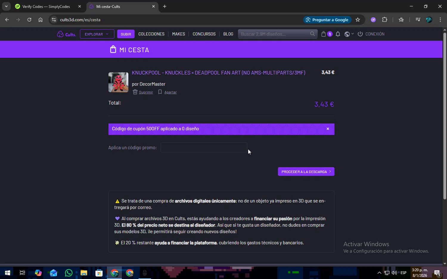 Cults promo code screenshot showing code 50OFF applied at Cults checkout page. Uploaded by SimplyCodes community member SOPACONPAN on Jan 8, 2026