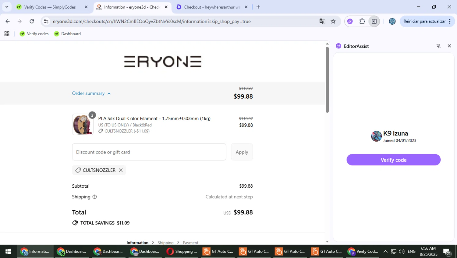 Cults promo code screenshot showing code CULTSNOZZLER applied at Cults checkout page. Uploaded by SimplyCodes community member Suicune on Aug 25, 2025