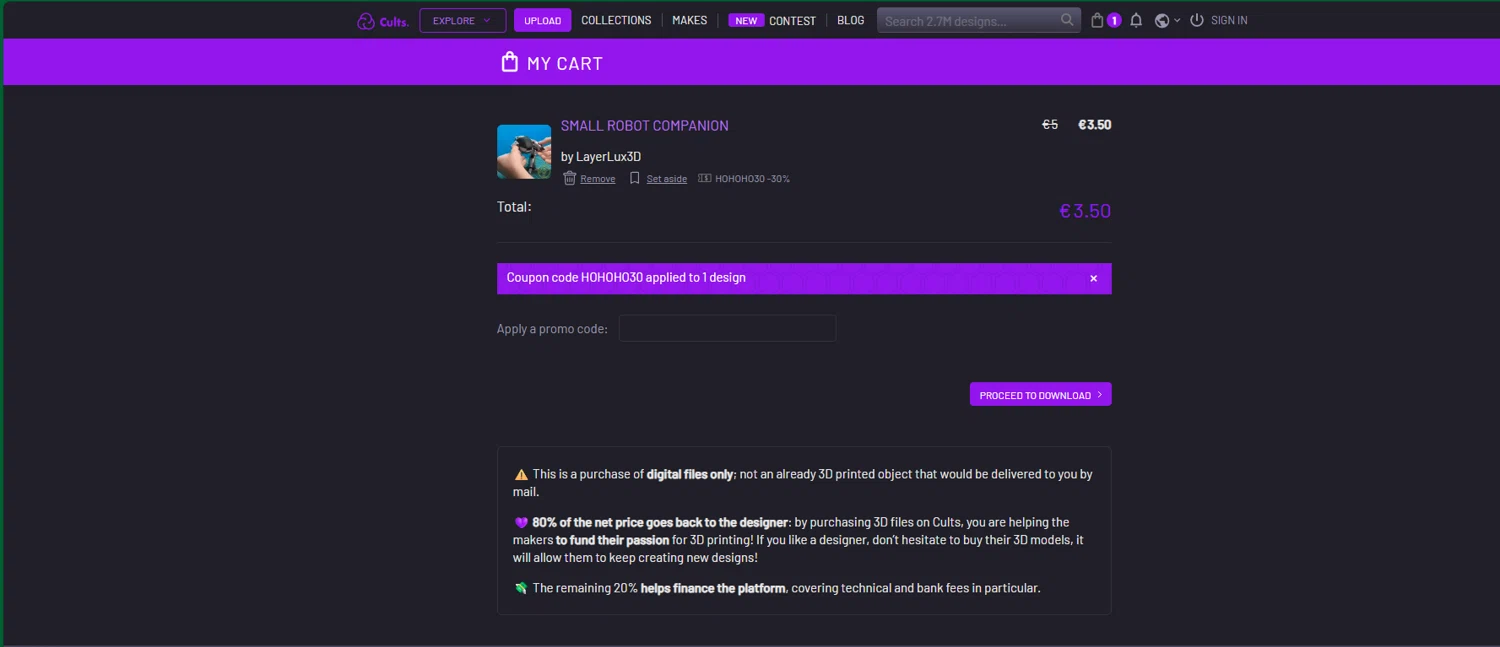Cults promo code screenshot showing code HOHOHO30 applied at Cults checkout page. Uploaded by SimplyCodes community member chepipro on Sep 28, 2025