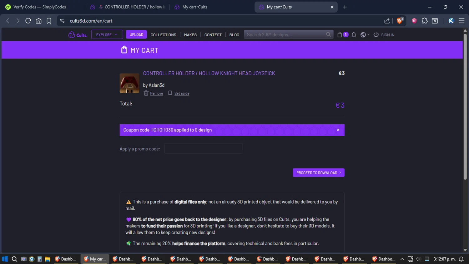 Cults promo code screenshot showing code HOHOHO30 applied at Cults checkout page. Uploaded by SimplyCodes community member verifier_983798000 on Dec 7, 2025