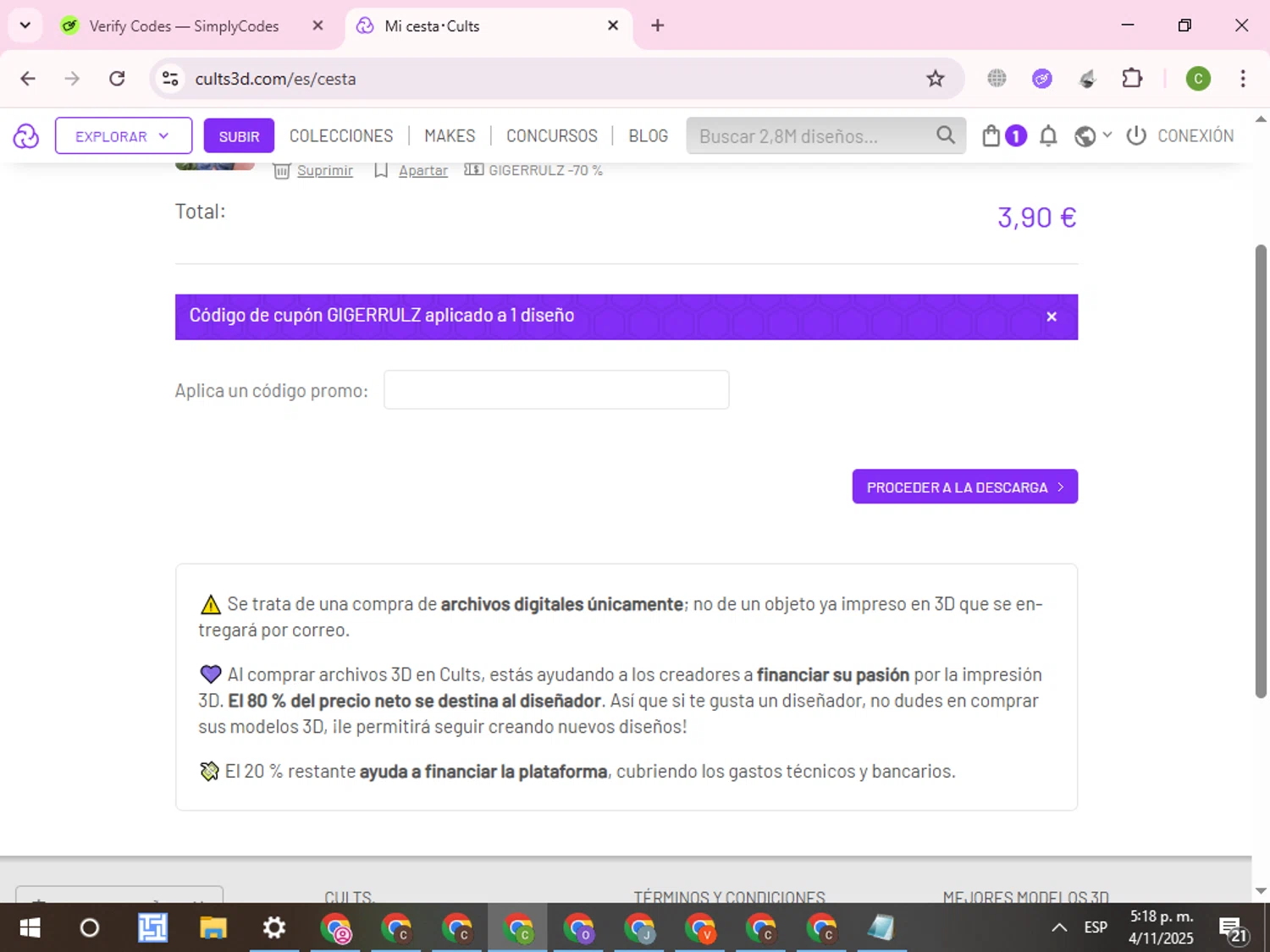 Cults promo code screenshot showing code GIGERRULZ applied at Cults checkout page. Uploaded by SimplyCodes community member RoyalKnight4673 on Nov 4, 2025