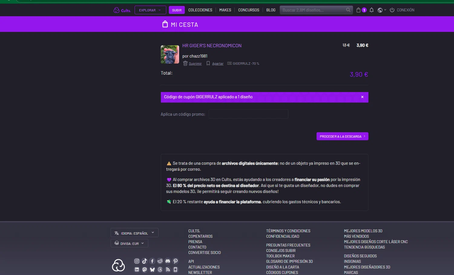 Cults promo code screenshot showing code GIGERRULZ applied at Cults checkout page. Uploaded by SimplyCodes community member chepipro on Nov 4, 2025